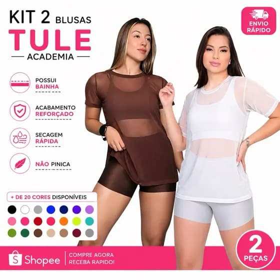 Kit 2 Blusas Feminina De Tule Para Treino Academia Moda Fitnes