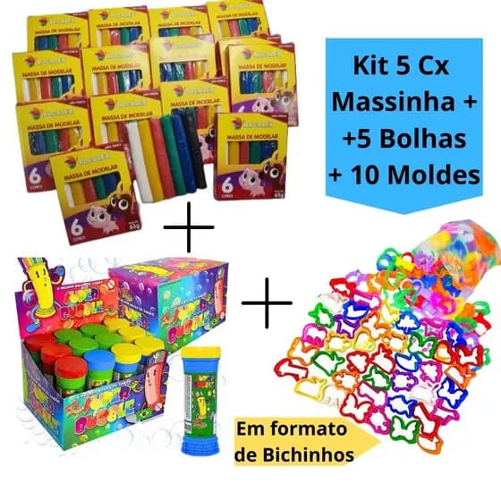 Kit 5 Cx Massinha de Modelar + 5 Bolhas de Sabão + 10 Molde Cortador Kit Festa Lembrancinha Infantil Escolar