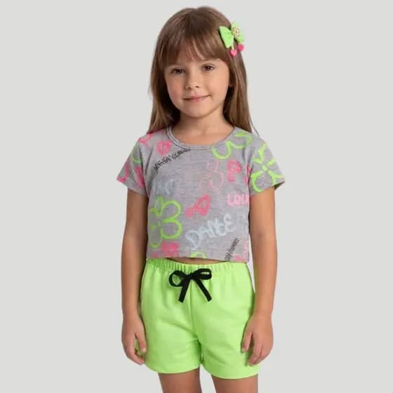 Conjunto Juvenil Infantil Menina Verão Blusa Cropped e Shorts Moletinho Liso