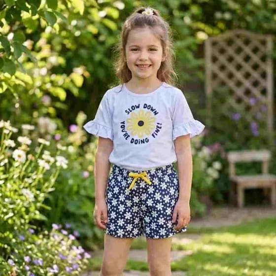 Conjunto Infantil Feminino Blusa 100% Algodão com Babado + Shorts Floral Confortável Poliflex