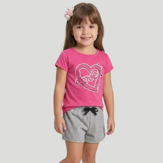 Conjunto Infantil Verão Menina Blusa Meia Malha Love e Shorts Moletinho Liso