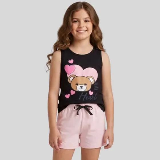 Conjunto Infantil Menina Regata Urso Meia Malha 100% Algodão Shorts Moletinho Moda Verão