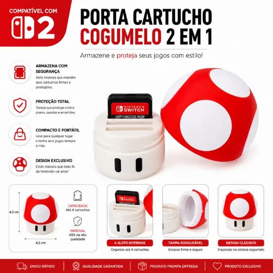 Porta Jogos Nintendo Switch em Formato de Cogumelo Suporte para Cartuchos