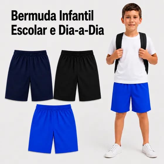 Bermuda Escolar Menino Kit ou Unidade Tactel Azul Royal Marinho e Preta Short Infantil e Juvenil Masculino