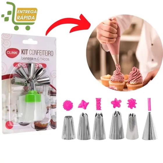 Kit Confeiteiro 6 Bicos Aço Inox com Bisnaga Bolos Culinária