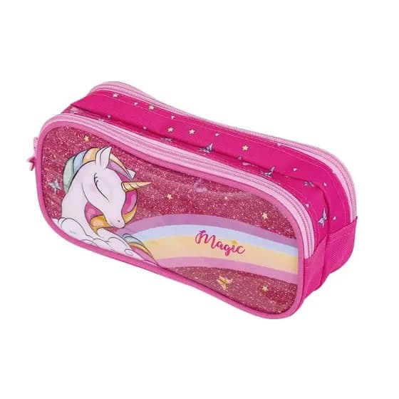 Estojo Escolar Duplo Unicórnio Rosa e Roxo Magic Brw / Material Escolar / Papelaria / Estojo Fofo / Estojo Menina