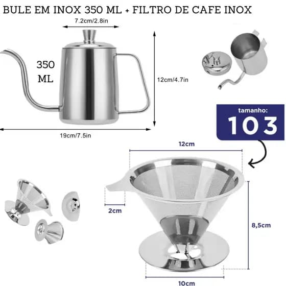 Filtro De Café Aço Inoxidável Reutilizável + Bule Em Inox 350 ML