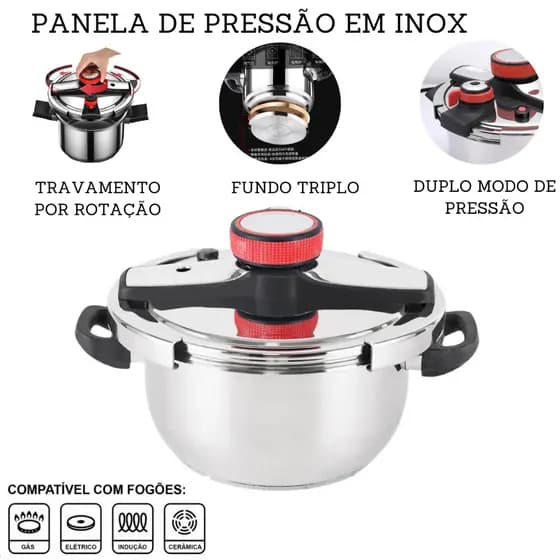 Panela De Pressão Inox Multifuncional Com Fechamento Externo Indução E Gás