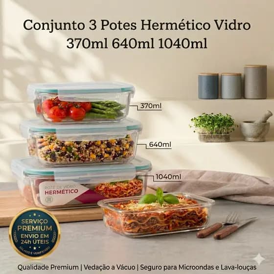 Potes Herméticos Jogo De Marmita De Vidro 3 Tamanhos 4 Travas Retangular