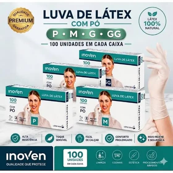Luva Latex Pó Talco Descartavel Caixa 100un Kit Inoven Borracha PP P M G Pequena Media Grande Procedimento Profissional