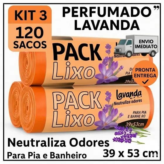 Kit 3 Saco de Lixo Perfumado Lavanda com 120 Sacos Para Pia e Banheiro 34x38