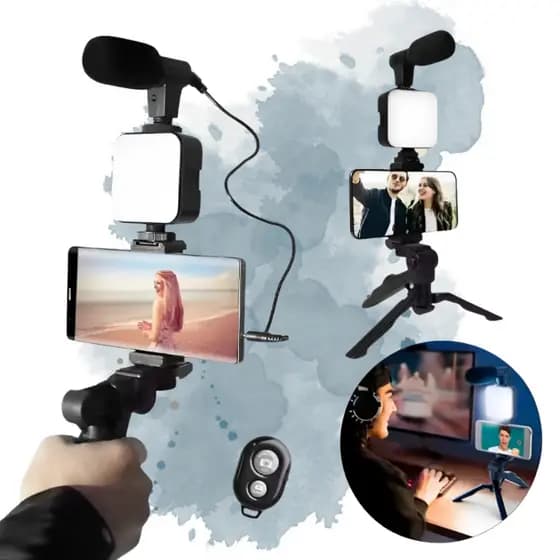 Kit de Filmagem e Video Maker Fotografia Luz Tripé + Iluminador + Microfone + Controle Bluetooth