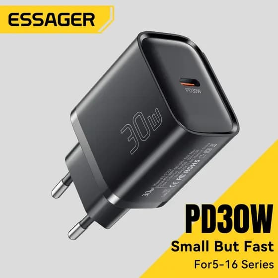 Carregador Turbo 30W USB-C Essager Original | Carga Rápida iPhone e Android | Bivolt