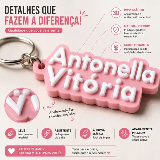 Chaveiro com nome personalizado em 3D para mochilas e chaves 3 unidades
