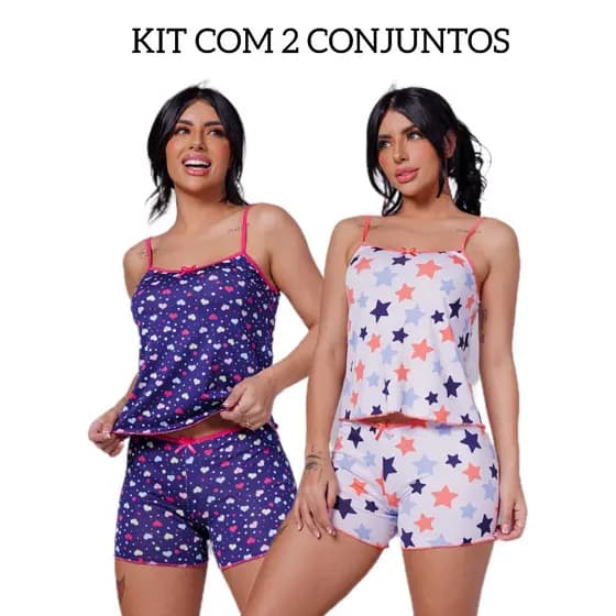 Kit 2 Pijamas Baby Doll Adulto Feminino em microfibra estampada