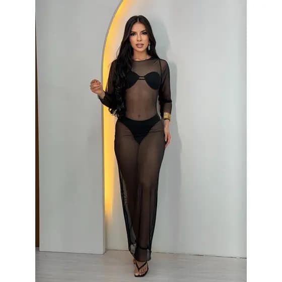 saída de praia feminina - saída de praia- vestido longo de tule ref:2525