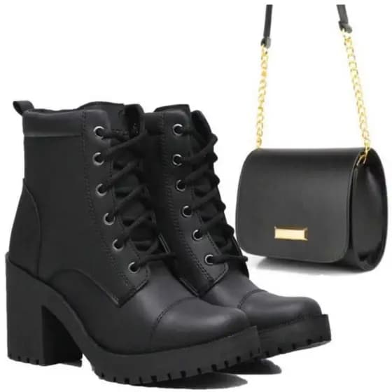 Bota Coturno Feminina Casual Confortável Macia De Salto Alto Blogueira Com Cano Medio Ajustável + Bolsa Transversal Top