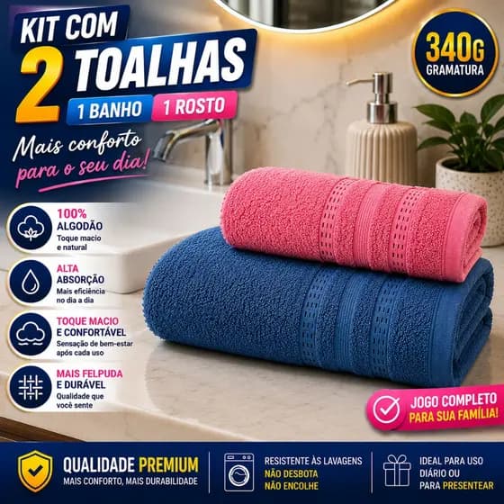 Kit Jogo de Toalhas 2 Peças Banho e Rosto 100% Algodão Seca Rápido Macia Super Absorvente 130 x 70cm