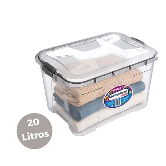 Caixa Organizadora 20 Litros Multiuso plástico transparente tampa Armazenamento Grande 42x27x28