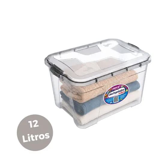 Caixa Organizadora 12 Litros Multiuso Tampa Plástico Trava Transparente Grande Armazenamento36x25x21