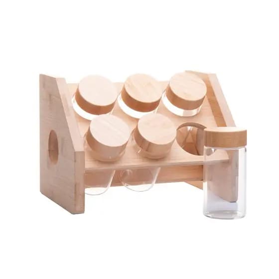 Conjunto 8 Potes em Vidro com Tampa de Rosca e Rack em Bambu 120ml Porta Temperos Wolff