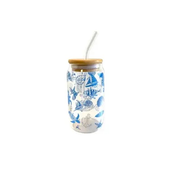 Copo Latinha de Vidro com Tampa de Bambu e Canudo de Vidro Náutica 400ml P2 Home