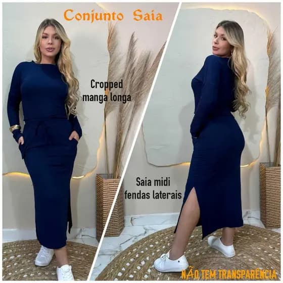 Conjunto feminino midi saia cropped manga longa, a saia tem fendas lateral a blusa e manga longa