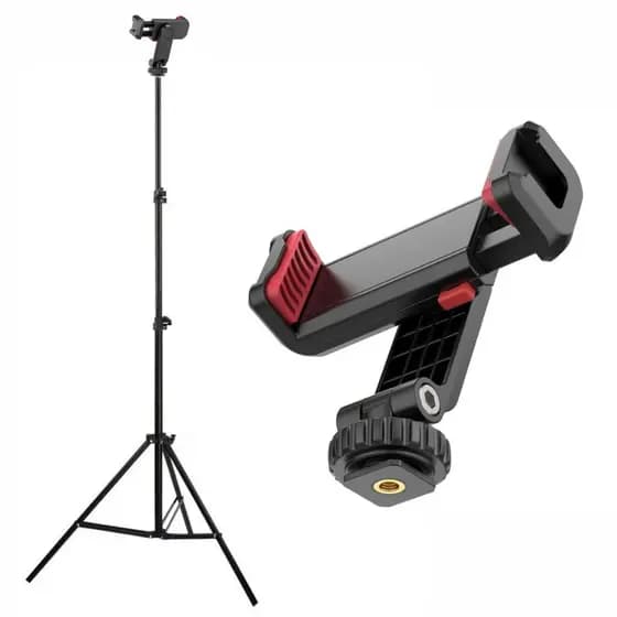 Kit Filmagem Pro Tripé 2,10m + Suporte Celular ST-06S Rotativo 360° com Sapata para Microfone/Led
