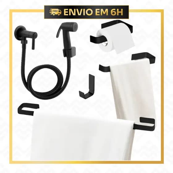 Kit Acessório Banheiro Luxo Preto Fosco | Ducha Higiênica + Acessórios Quadrados Inox Preto