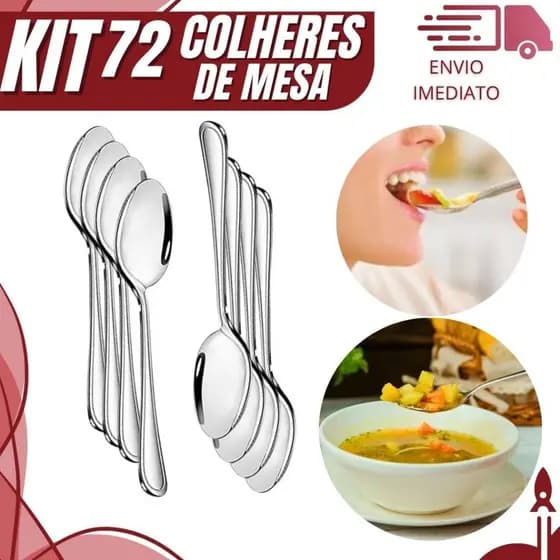 Kit 72 Colher de Mesa em Aço Inox Premium para Refeições em Restaurante Buffet Casa e Cozinha