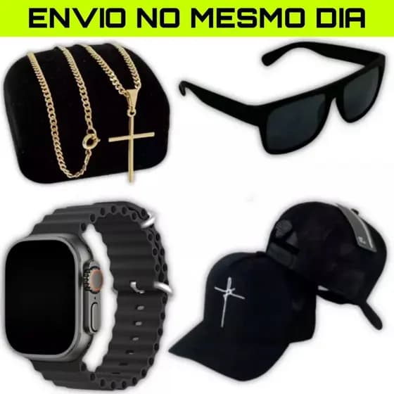 Kit Relogio Premium Preto Masculino + Corrente Cruz Banhado a Ouro + Boné Fé + Óculos Premium