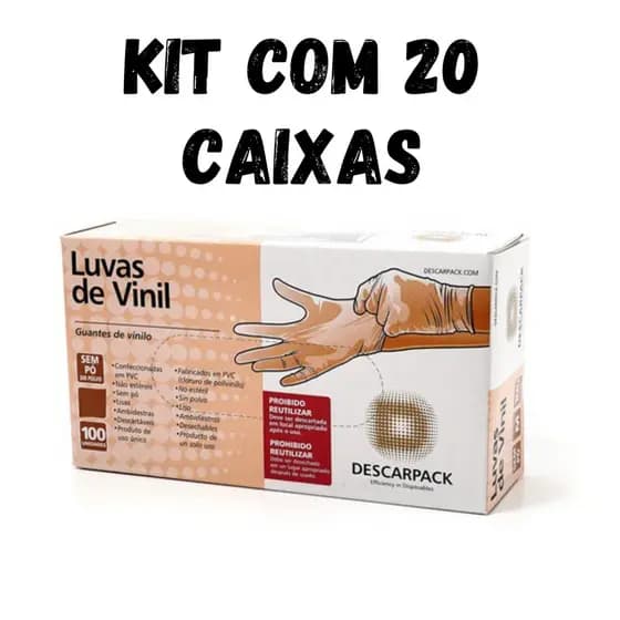Luva de Vinil Sem Pó Com 100 Uni - Kit Com 20 Caixas