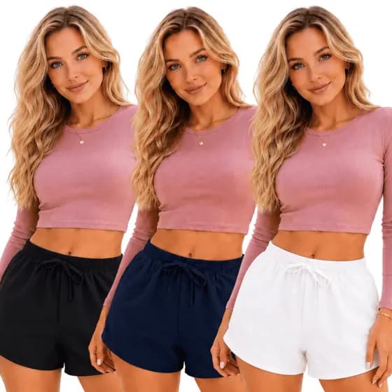 Kit 3 Short Tactel Feminino Liso Cós Elástico Casual Praia