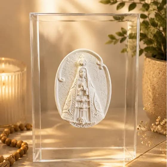 Decoração Moldura Acrílico Medalha Nossa Senhora Aparecida Gesso Quadro Parede Mesa Caixa Acrilica 18x13