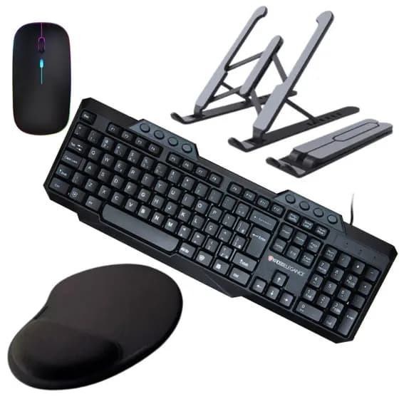 Kit Suporte para Notebook Mouse Recarregavel Sem Fio via Bluetooth Wireless Teclado com fio + Pad