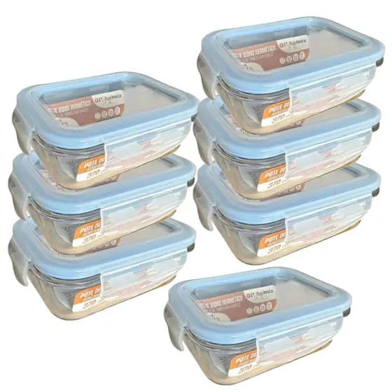kit com 7 Potes Herméticos de Vidro 370ml - Marmita, Freezer, Micro-ondas, Lava Louça - Livre de BPA