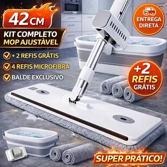 Mop Flat 42cm Com 4 Refis Microfibra (2 Brinde) + Balde Dobrável