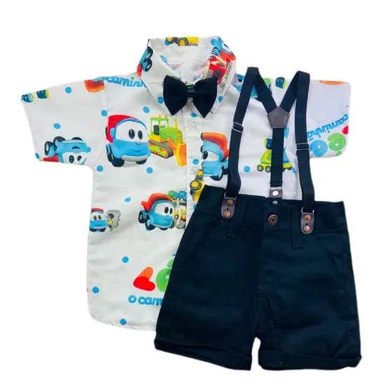 roupa LEO CAMINHÃO festa menino infantil conjunto Camisa Gravata Bermuda e Suspensório