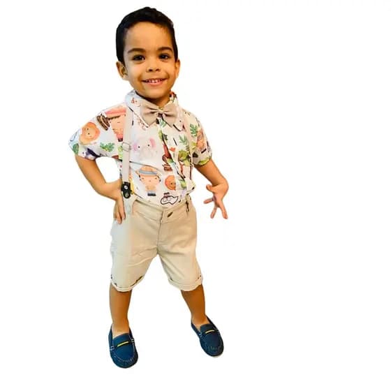Roupa do safari zoo infantil conjunto safari menino festa acompanha camisa, gravata, bermuda e suspensório