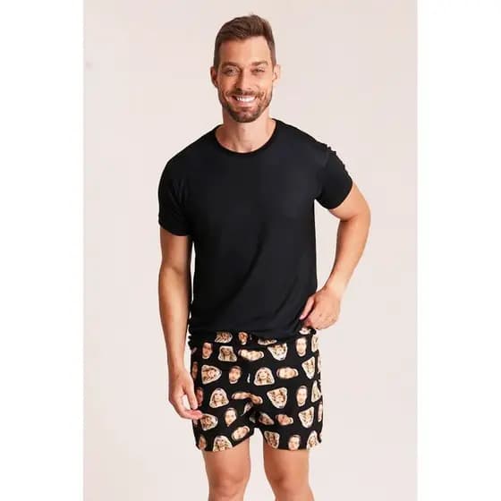 Short Masculino Personalizado com Foto - Customize Shorts com Suas Fotos - Short Confortável Masculino Preto