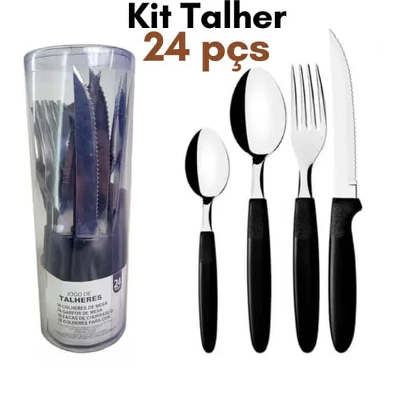 Jogo Talher Inox 24 Talheres Kit Colheres Garfo Faca Conjunto Faqueiro Preto Completo com Pote