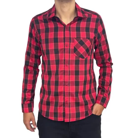 Camisa Masculina Xadrez Manga Longa Com Bolso