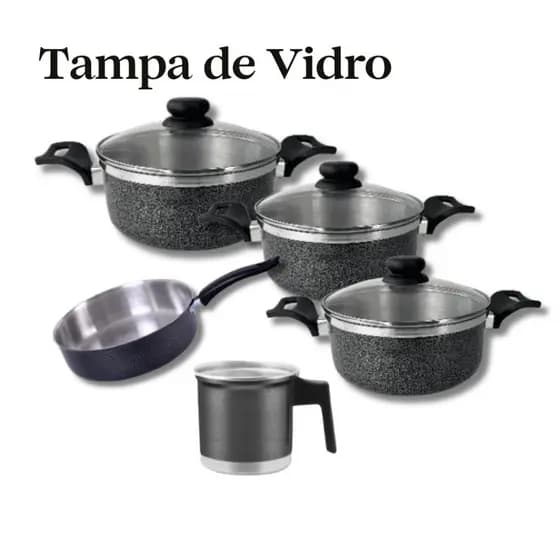 Jogo de Panelas 5 Peças Preto com Tampa de Vidro – Panelas 16/18/20 + Frigideira 20 + Caneco 12