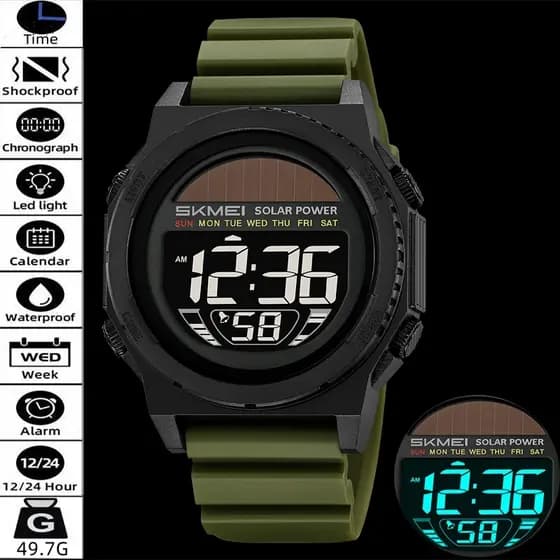 Skmei Relógios Esportivos Masculinos De Energia Solar Com Exibição De Data E Semana , Pulseira De TPU Fashion LED Cronóg