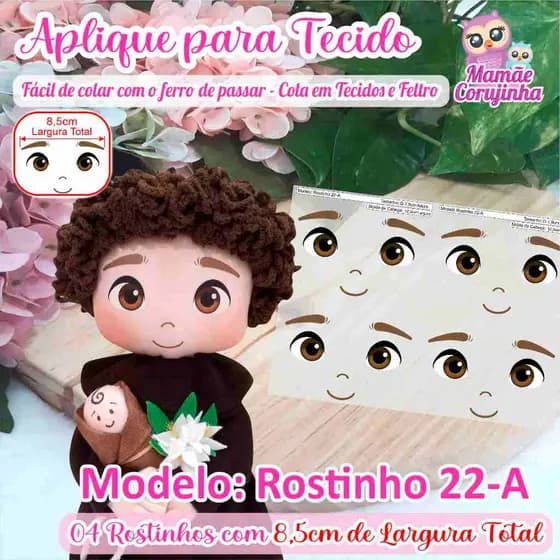 Rostinho 22 para Santo Antonio e Anjo - Olhos Aplique Adesivo para boneca de Tecido ou Feltro - Mamãe Corujinha
