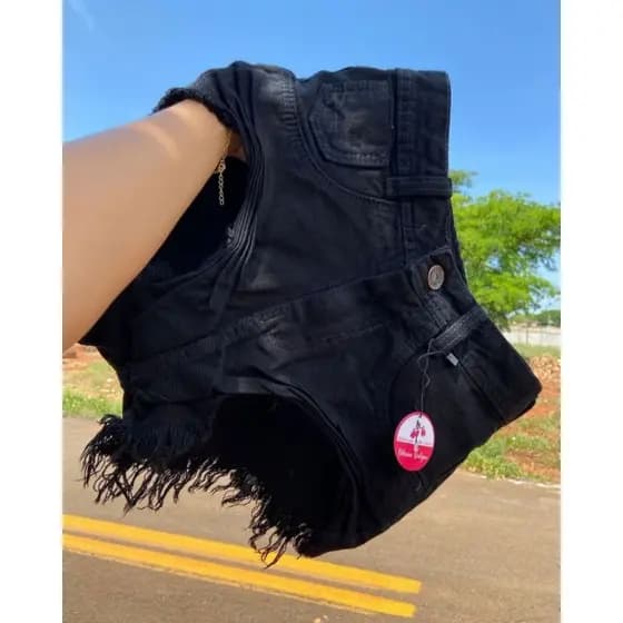 short jeans preto enrugado feminino luxo