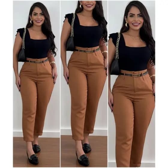 Calça Alfaiataria Social Feminina Básica Com Cinto Moderna