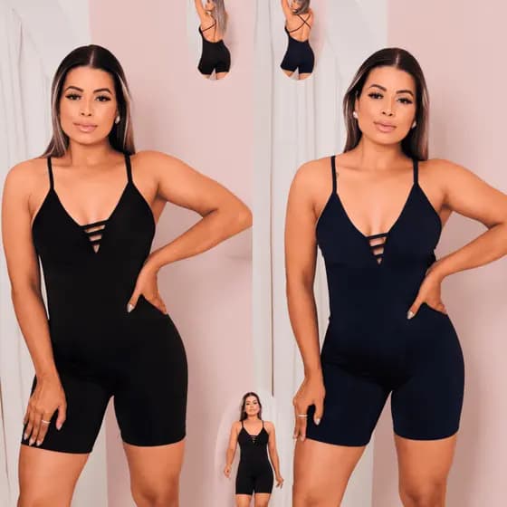 Kit 02 Macacão Fitness Preto/Azul Reforçado Decote Peito Moda Academia Yoga Treino Levanta Bumbum