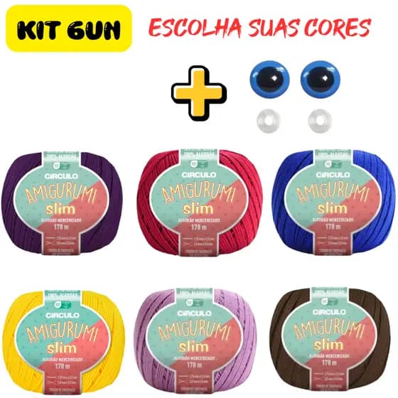 Kit 6 Linhas Amigurumi Fio Slim Fina com Brilho e Maciez 178 Metros 70g 100 cores Circulo 394 TEX