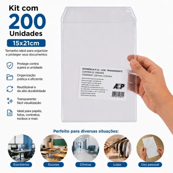 200un Porta Documento Cartas e Fotos Tamanho 15x21cm Transparente Envelopes Sleeves Flexível P-21